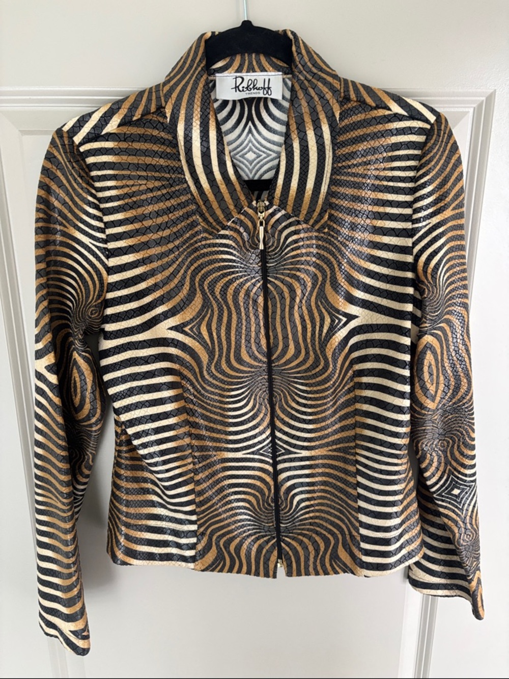 Joseph Ribkoff Black, Gold & Cream Swirl Zip-Front Bomber Jacket